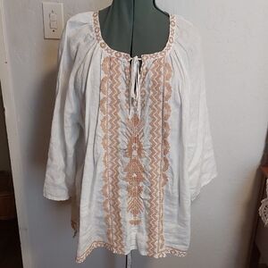 Johnny Was White Linen Blouse with Tan Embroidery